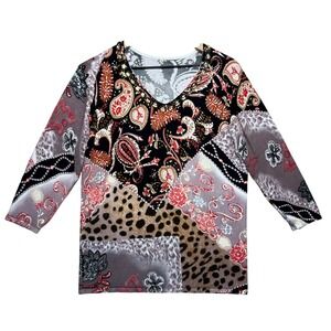 Patchwork Print V Neck Blouse 3/4 Sleeve Embellished Top Boho Y2K Retro Funky